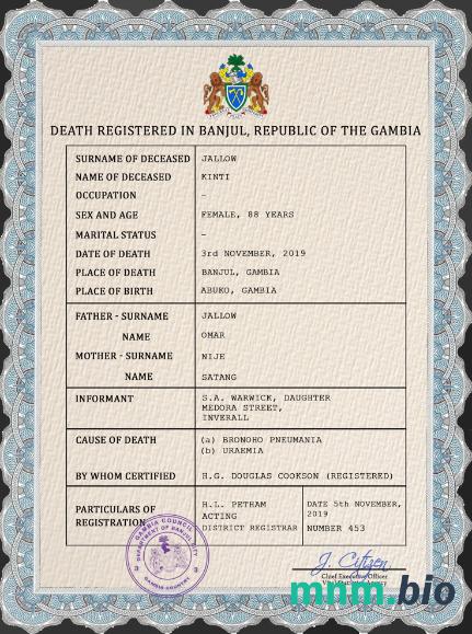 Gambia śmierć certyfikat PSD szablon